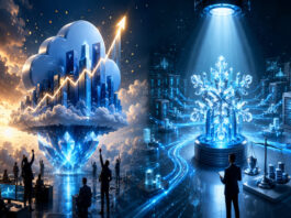 Metaphorical cloud and snowflake data platforms illustrating Salesforce’s rally and Snowflake’s AI-driven enterprise data test.