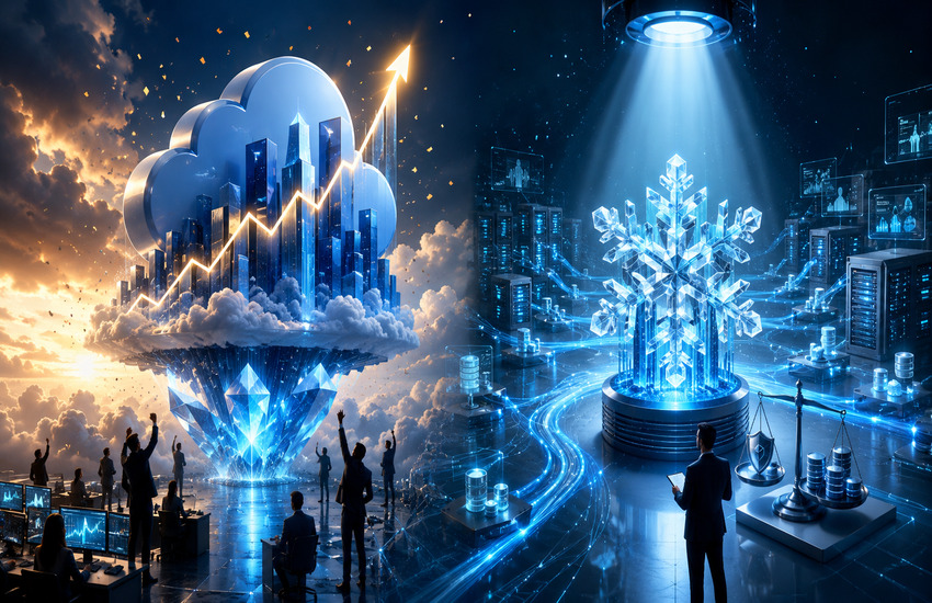 Metaphorical cloud and snowflake data platforms illustrating Salesforce’s rally and Snowflake’s AI-driven enterprise data test.
