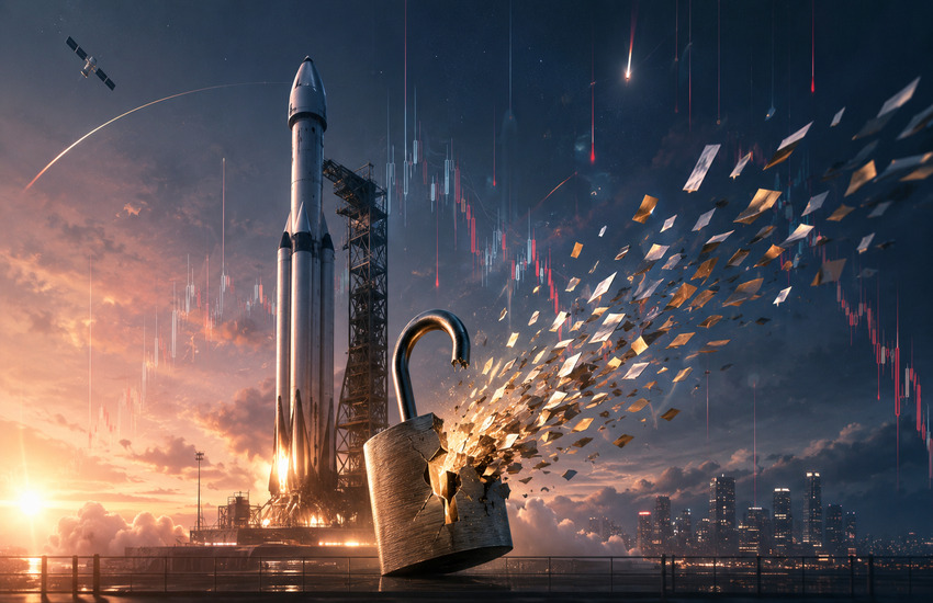 SpaceX-style rocket beside a broken padlock releasing share-like fragments against falling market charts
