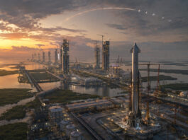 SpaceX Starship beside a vast futuristic Starbase Louisiana launch complex representing the scale of the $100 billion infrastructure bet.