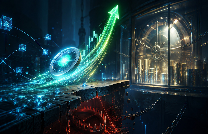 Metaphorical illustration of StablecoinX stock surging beside a locked digital-asset treasury, highlighting ENA valuation, liquidity, and governance risks.