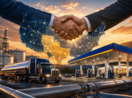 Sunoco Offen Petroleum acquisition concept showing a handshake over a U.S. fuel distribution network with tanker, refinery, pipelines, and retail station.