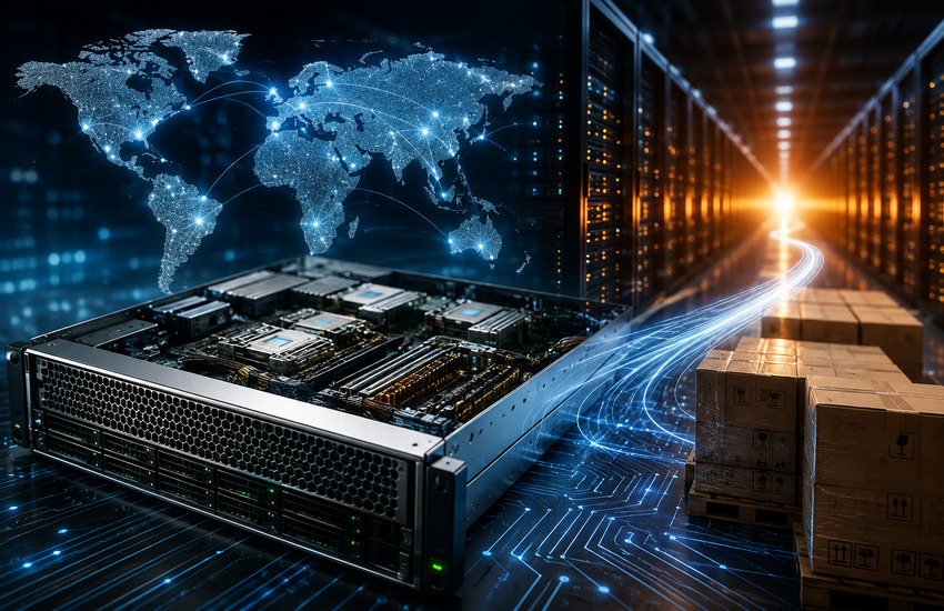 Futuristic AI server in a global data center illustrating Supermicro’s $60 billion order surge and earnings uncertainty.
