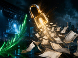 Metaphorical illustration of an opening lock releasing shares into a rising market, representing the TEN Holdings lock-up expiration.