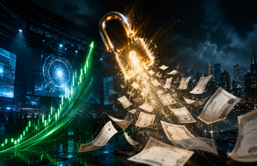 Metaphorical illustration of an opening lock releasing shares into a rising market, representing the TEN Holdings lock-up expiration.