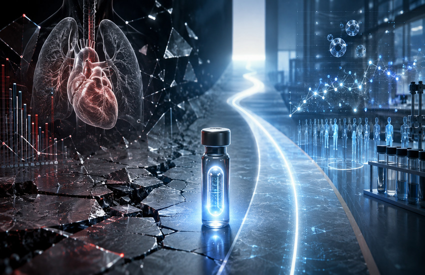 Metaphorical biotech image showing Tenax Therapeutics levosimendan between a fractured clinical path and a potential regulatory recovery pathway.