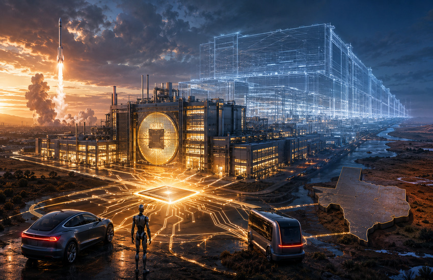 Metaphorical Tesla Terafab semiconductor complex in Texas linking AI chips, Optimus, autonomous vehicles and SpaceX infrastructure.