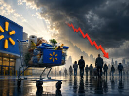 Walmart shopping cart outside a store beneath storm clouds and a falling market arrow, representing weakening consumer conditions.