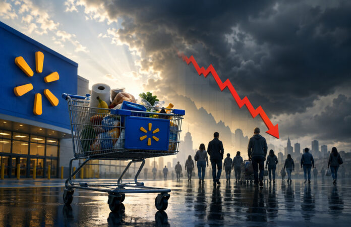 walmart-earnings-preview-consumer-slowdown Walmart shopping cart outside a store beneath storm clouds and a falling market arrow, representing weakening consumer conditions.