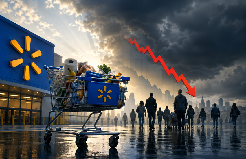 Walmart shopping cart outside a store beneath storm clouds and a falling market arrow, representing weakening consumer conditions.