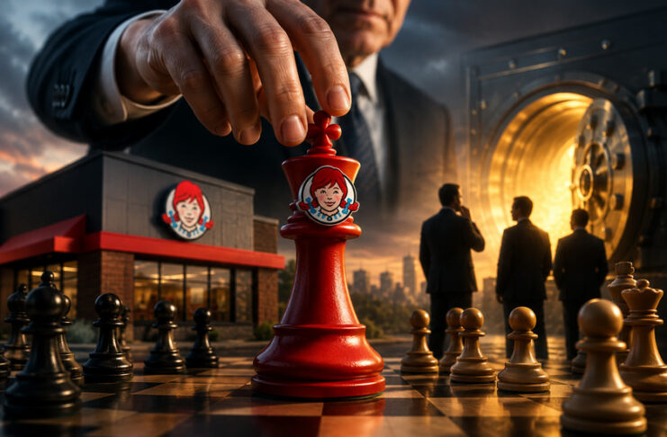 Wendy’s chess piece under an executive hand symbolizing Nelson Peltz and Trian’s reported take-private bid.