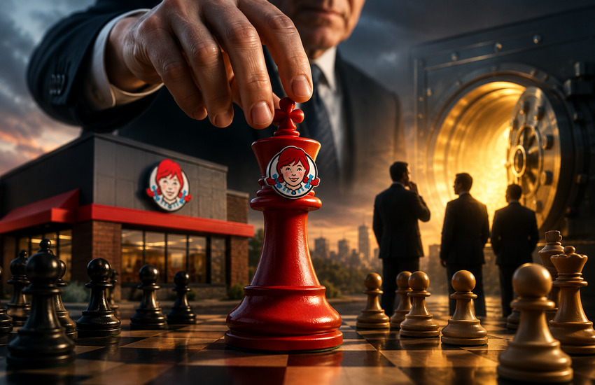Wendy’s chess piece under an executive hand symbolizing Nelson Peltz and Trian’s reported take-private bid.