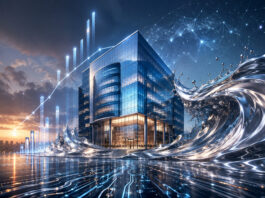 Workday Silver Lake Buyout Talks Send Stock Up 18% Metaphorical illustration of the Workday Silver Lake buyout, showing a corporate software building surrounded by a rising market chart and silver wave.