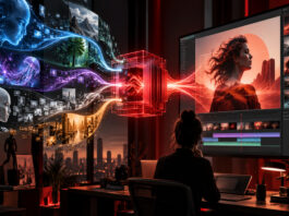 Metaphorical Adobe AI workflow hub channeling multiple generative models into a professional creative editing environment