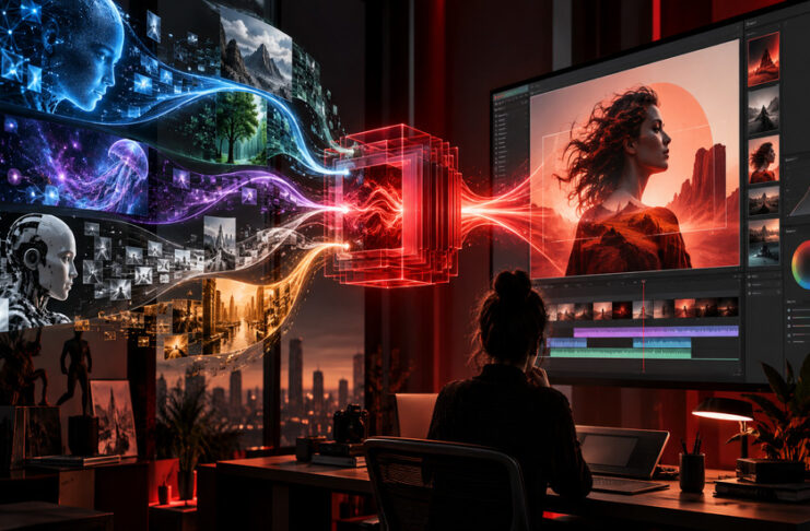 Metaphorical Adobe AI workflow hub channeling multiple generative models into a professional creative editing environment