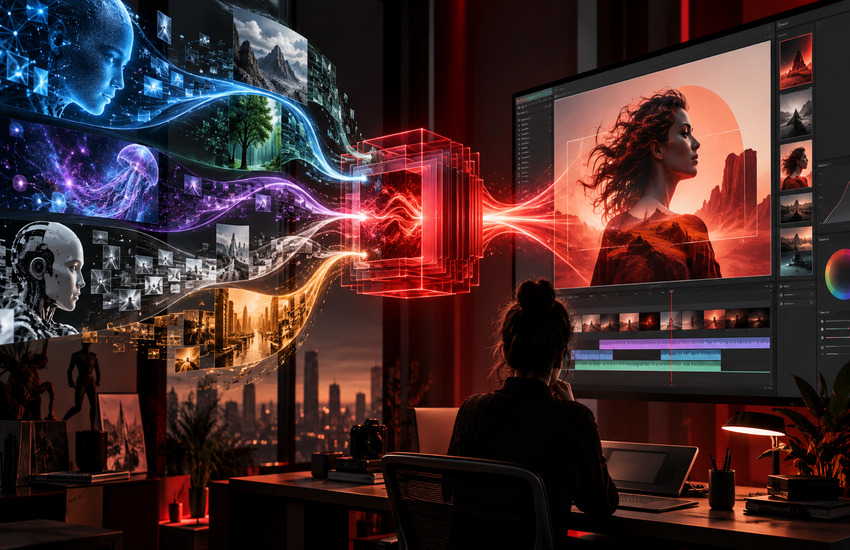 Metaphorical Adobe AI workflow hub channeling multiple generative models into a professional creative editing environment