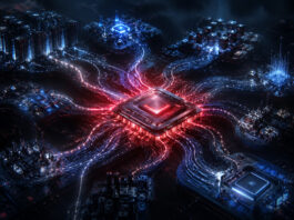 Metaphorical Broadcom AI chip hub connecting multiple custom silicon and data center networks as hyperscale customers diversify chip strategies