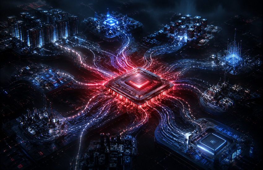 Metaphorical Broadcom AI chip hub connecting multiple custom silicon and data center networks as hyperscale customers diversify chip strategies