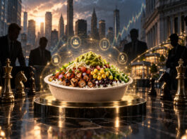 Chipotle acquisition speculation represented by a burrito bowl surrounded by corporate bidders, chess pieces and Wall Street imagery.