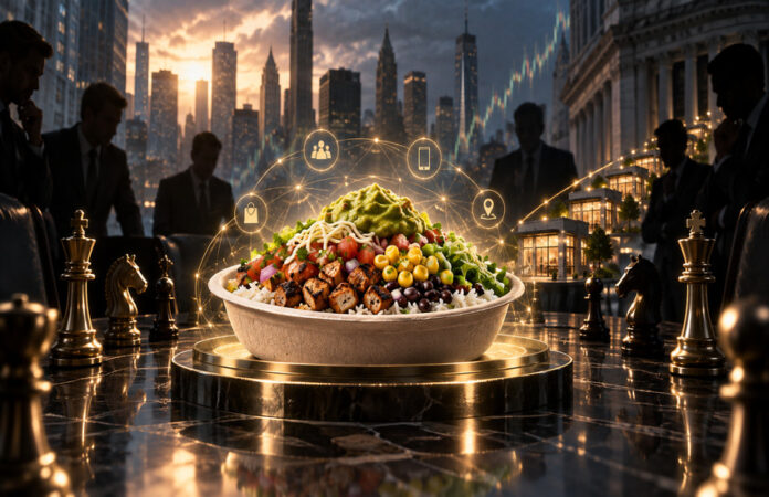 Chipotle acquisition speculation represented by a burrito bowl surrounded by corporate bidders, chess pieces and Wall Street imagery.