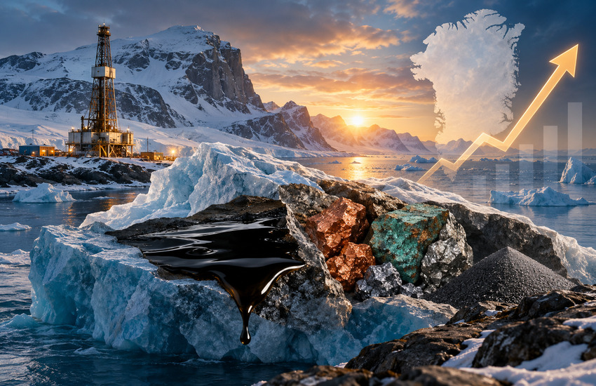 Greenland Energy Acquisition: The Dilution Question Greenland Arctic landscape with oil drilling infrastructure and critical minerals representing the Greenland Energy Acquisition and 80 Mile deal.