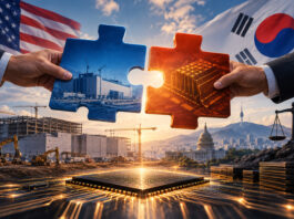 Intel and SK Hynix semiconductor partnership concept with U.S. and South Korean flags, memory chips, and chip manufacturing infrastructure