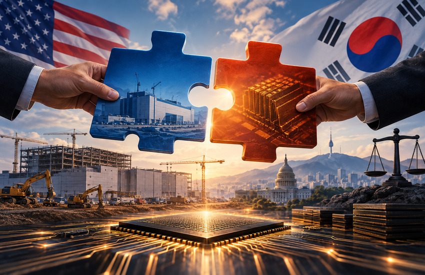Intel and SK Hynix semiconductor partnership concept with U.S. and South Korean flags, memory chips, and chip manufacturing infrastructure