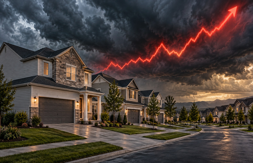 Lennar homes beneath storm clouds and a rising rate line illustrating the Fed Housing Shock