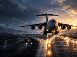 Large autonomous transport aircraft at a branching runway symbolizing Merlin’s shift from small-aircraft certification toward large-aircraft autonomy.