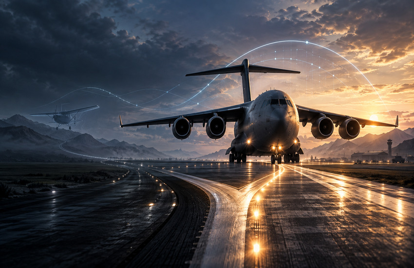 Large autonomous transport aircraft at a branching runway symbolizing Merlin’s shift from small-aircraft certification toward large-aircraft autonomy.