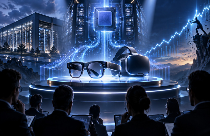 Metaphorical Meta Platforms AI cover showing smart glasses, VR hardware, custom silicon, data centers, and investor scrutiny.
