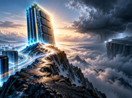 Metaphorical memory chip at a mountain peak facing storm clouds, representing Micron earnings preview and forward margin risk.