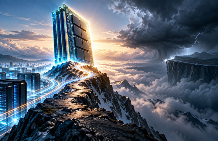 Metaphorical memory chip at a mountain peak facing storm clouds, representing Micron earnings preview and forward margin risk.