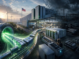 Metaphorical battery supply chain flowing into a U.S. manufacturing plant, representing the NeoVolta SK On deal and execution risks.