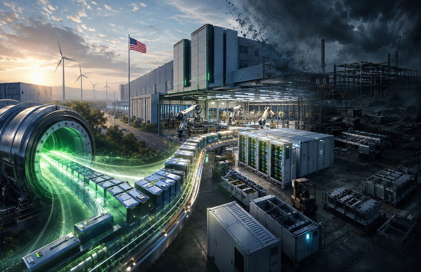 Metaphorical battery supply chain flowing into a U.S. manufacturing plant, representing the NeoVolta SK On deal and execution risks.