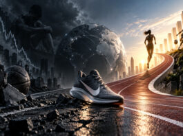 Metaphorical Nike earnings preview cover showing a running shoe between market pressure and a brighter athletic recovery path.