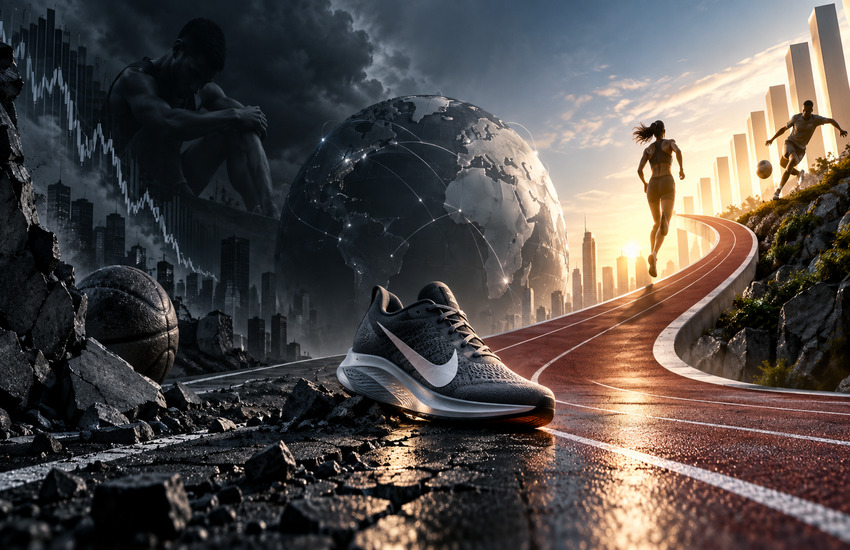 Metaphorical Nike earnings preview cover showing a running shoe between market pressure and a brighter athletic recovery path.