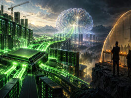 Metaphorical illustration of Nvidia AI infrastructure funding Anthropic amid a frontier AI slowdown debate