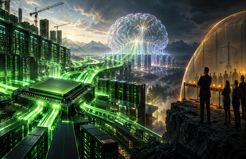Metaphorical illustration of Nvidia AI infrastructure funding Anthropic amid a frontier AI slowdown debate