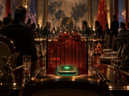 Nvidia AI chip behind a red barrier at a U.S.-China state dinner, symbolizing restricted China market access