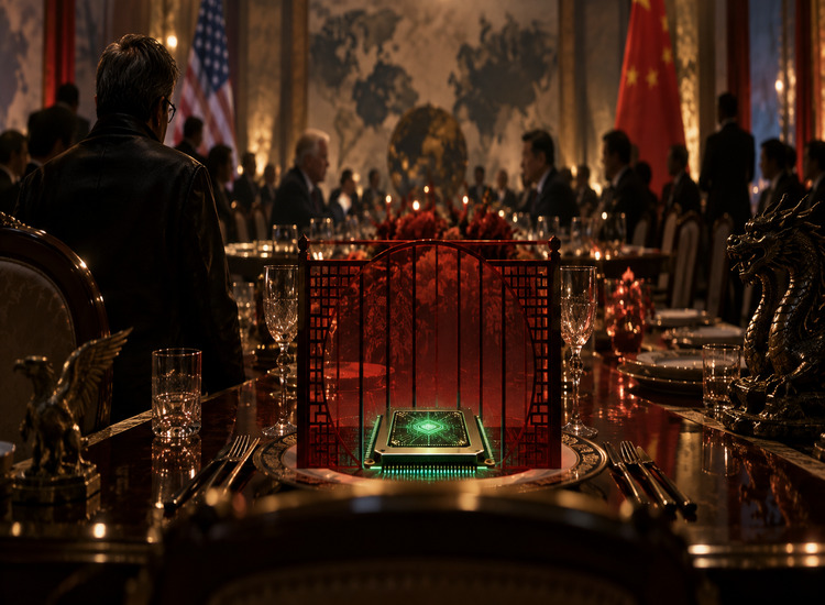 Nvidia AI chip behind a red barrier at a U.S.-China state dinner, symbolizing restricted China market access