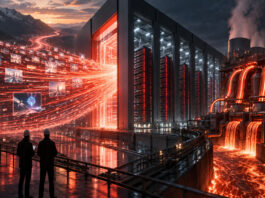 Oracle AI data center with glowing data streams and energy infrastructure symbolizing backlog growth, capital spending and cash conversion.