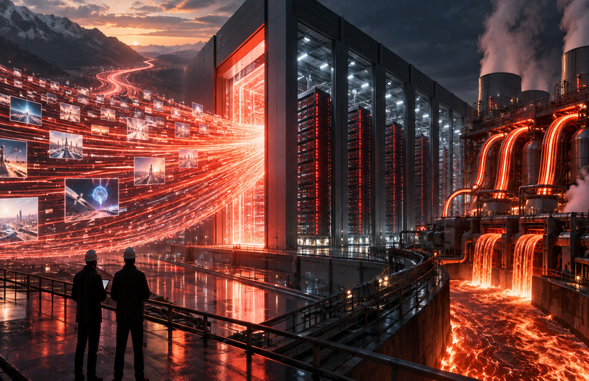 Oracle AI data center with glowing data streams and energy infrastructure symbolizing backlog growth, capital spending and cash conversion.