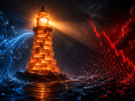 Reddit-inspired lighthouse glowing through search traffic turbulence and a falling stock chart, symbolizing resilient user engagement amid market concerns. Image Caption