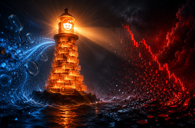 Reddit-inspired lighthouse glowing through search traffic turbulence and a falling stock chart, symbolizing resilient user engagement amid market concerns. Image Caption