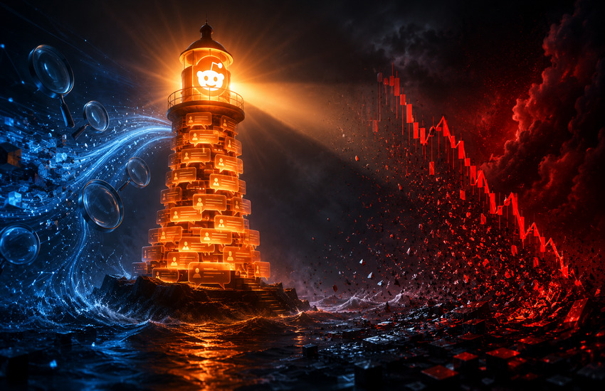 Reddit-inspired lighthouse glowing through search traffic turbulence and a falling stock chart, symbolizing resilient user engagement amid market concerns. Image Caption
