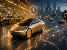 Tesla Cybercab concept transitioning from automated production into a connected autonomous robotaxi fleet operating across a city.