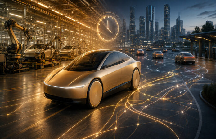 Tesla Cybercab concept transitioning from automated production into a connected autonomous robotaxi fleet operating across a city.
