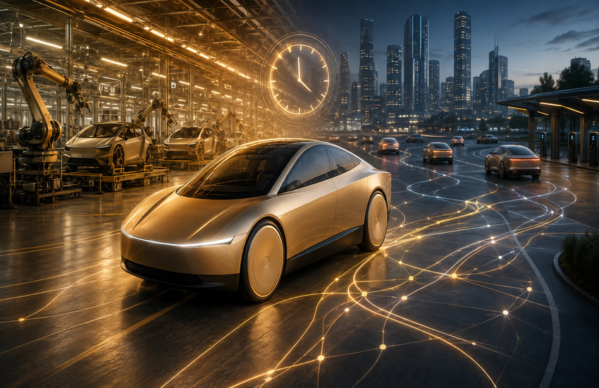 Tesla Cybercab concept transitioning from automated production into a connected autonomous robotaxi fleet operating across a city.
