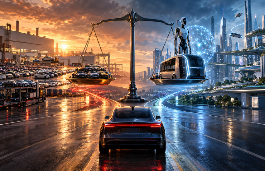 Tesla-inspired electric car facing a balance between mass vehicle deliveries and a future built around robotaxis, AI and humanoid robotics.